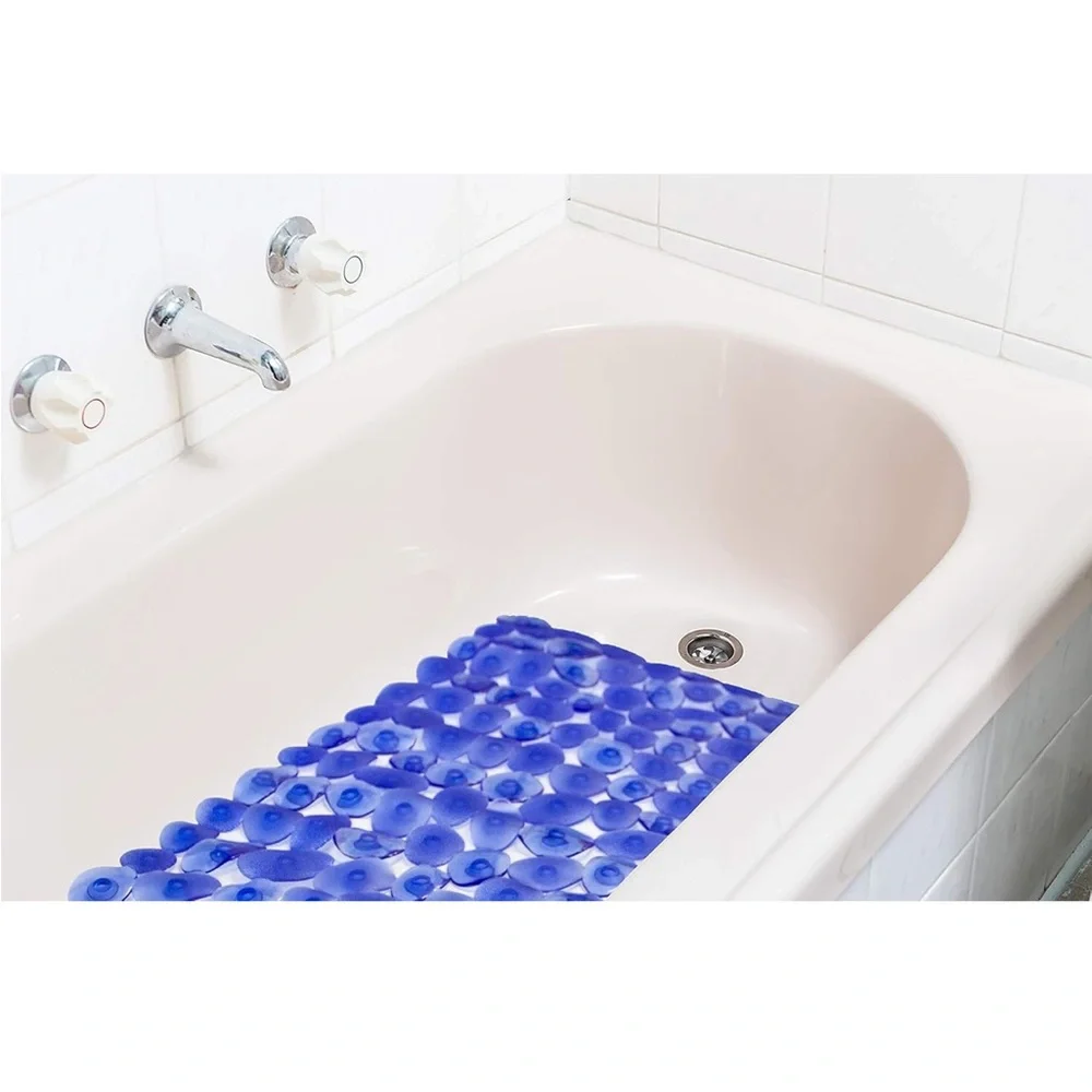 NEW Non Slip Bath Mat Blue Glass Pebble like Suction Rubber Tub Mat 14x29 Large